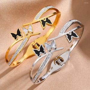 Bangle Trendy Butterfly For Women Simple Hollow Out Inlaid Zircon Curve Stainless Steel Gold Plated Spring Buckle Open Bracelets