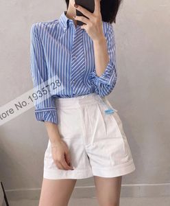 Women's Blouses Ladies Lapel Long Sleeve Contrast Blue & White Striped Cotton Blouse Shirt Top