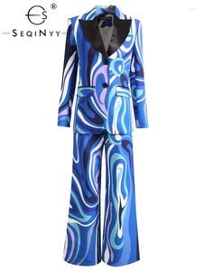 レディースツーピースパンツシーニースーツ春秋のファッションデザイン女性滑走路ブレザーフレアビンテージプリントオフィスレディエレガント