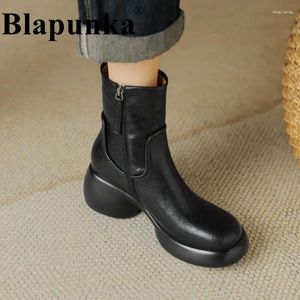 Boots Blapunka Real Natural Leather Women Brown High Heels Gothic Short Boot Winter Woman Retro Round Toe Platforms dragkedja skor