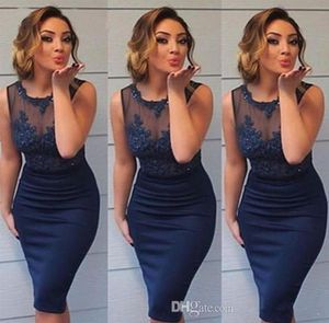 Sexy Sheath Column Cocktail Dresses Sheer Crew Neck Sleeveless See Through Lace Appliqued Top Short Knee Length Prom Party Gowns C8058216