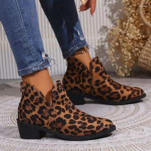 Stiefelschuhe für Frauen 2024 Reißverschluss Frauen Winter Wildleder runden Toe Leopard Print Short Barrel Chunky Heel Mode