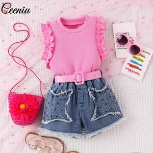 Kleidung Sets Ceeniu Trendy Jeansanzug für Kinder Ärmel und Rüschen rosa T-Shirts Gürtelstar Jeans 3PCS Sommer Kinder Kleidung Mädchen