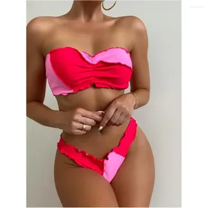 Kvinnors badkläder sexiga kvinnors bandeau baddräkt Ruched Bandage Micro Bikini Y2K Splicing Two Piece Beach Suit Bathing Bikinis Set Biquini