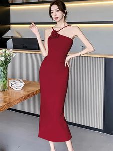 Lässige Kleider 2024 Rote Applikationen Chic Sling Long Dress Kleid Frauen elegante Luxus -Tanzparty Sommer Korean Vintage Bodycon Abend