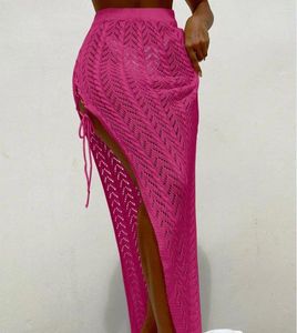 Women Knitted Cover-Up Sarong Skirts Solid Hollow-Out Side Tie-Up High Slit Beach Long Summer Swimsuit Cover Up