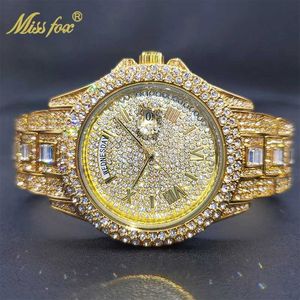 Avanadores de pulso Missfox 18k Gold Men Designer de luxo Diamond Date Day Just Ice Out Quartz es Dropshipp D240430