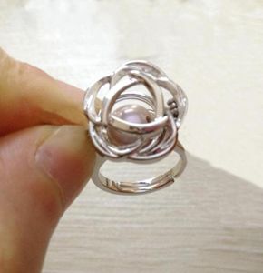 Härlig söt rosblommor kan DIY öppna Put i Pearl Crystal Gem Stone Bead Cage Ring Montering17273323