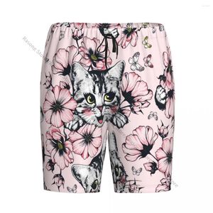 男性用スリープウェアショートパジャマパンツ幸せな子猫の顔のゆるいボタンと眠る花のためのズボン