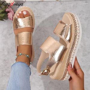 Dress Shoes 2024 Cut Out Glitter Color Golden Silver Women Casual Wedges Sandals One Line Buckle Peep Toe Summer Beach