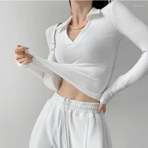 Women's Polos Sexy V-Neck Slim Fitness T-Shirt Fashion Long Sleeve Polo Shirt Woman High Waist Cropped Tops