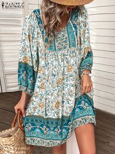 Zanzea v yaka kısa kollu çiçek baskılı sundress kadınlar yaz bohem elbisesi vintage gevşek zarif gündelik tatil plaj robe 240423