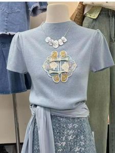 Women's T Shirts Summer Vintage Chinese Style Blue Elegant Vacation Top Women Beige Short Sleeve Basic Embroidery T-shirt Cotton Pullover