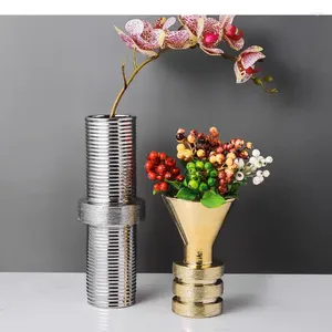 Vases Electroplating Ceramic Golden/Silver Plant Pots Decorative Flower Arrangement Thread Shape Flowers Vase Home Decor Modern