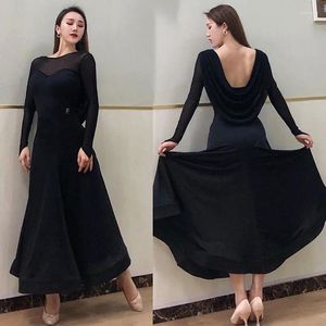 Scenkläder 2024 Ballroom Dance Dress Women Mesh Long Prom Waltz Tango Costume Practice Backless Balck DNV14445