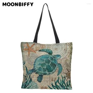 Einkaufstaschen Marine Animal Print Tote Bag Leinen wiederverwendbarer Ölmalerei Schulter großer Kapazität umweltfreundlich