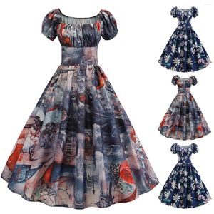 Casual Dresses Vintage Floral Print Summer Dress Women 1950s 60s Pinup Rockabilly Robe Elegant Square Collar Cocktail Party Swing