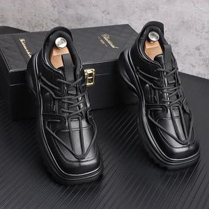 Casual Shoes Korean Style Men Platform Square Toe Original Leather Shoe Stage Nightclub Dresses Stylish Sneakers Mans Footwear