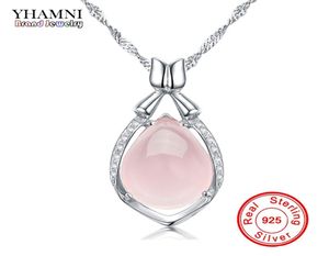 Yhamni Luxury Solid 925 Sterling Silver Pink Gem Crystal Pendant Halsband Natural Stone Water Drop Halsband för kvinnor DZ0565097461