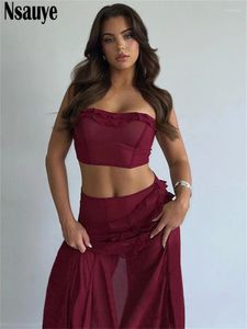 Рабочие платья NSAUYE Summer Sexy Elegant Club in Women Dress Set 2024 Mesh Ruffles Mini Bra Crop Tops and Suits Suits 2 Piece Matching