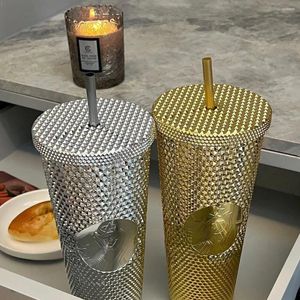 Wasserflaschen Gold plattiert Strohbecher großer Kapazität Wasserhoch ästhetischer Wert Mode Internet berühmt 710 ml mit Deckel