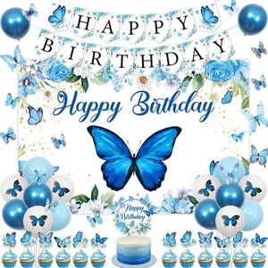 Party Decoration Blue Butterfly Happy Birthday Banner Decor Backdrop Balloons Cake Toppers väggklistermärken för flicka