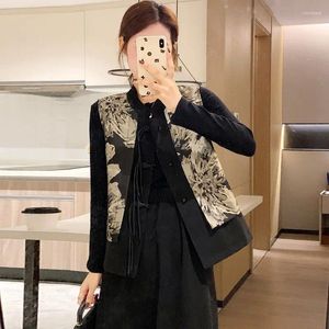 Etniska kläder 2024 National Style Buckle Vest Jacket Women's Chinese Standing Collar Sleeveless Floral Top Daily Vintage