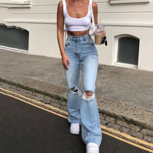 Womens Spring And Autumn Fashion High Waist Ripped Wide Leg Jeans Thin FloorMopping Pants Blue 240423