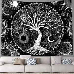 Tapestries Black White Tapestry For Bedroom Tree Of Life Background Decoration Sun And Moon Wall Hanging Aesthetic Room Decor