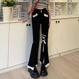 Women's Jeans Slit Design Flared Sweatpants Lace Edges Black Straight Trousers Summer Spring Weet Girl High Waist Pantalones