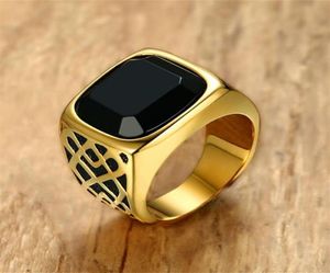 Men Square Black Carnelian SemiPrecious Stone Signet Ring in Gold Tone Stainless Steel for Male Jewelry Anillos Accessories220k7813206433