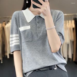 女性用TシャツシックなプレッピースタイルポロTシャツ春夏の薄い柔らかい短袖プルオーバーセーター30％メリノウールニットウェア