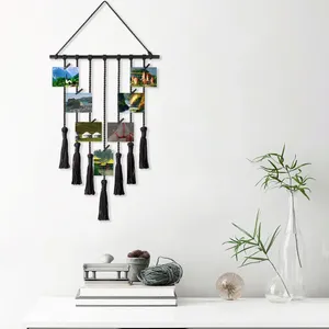 Dekorativa figurer Bilder Kort Holder Decoration Po Display Macrame Wall Hangings Cotton Rep Hand Woven Boho Diy fransade tapisserier