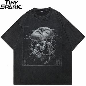 2024 Hip Hop Street Clothing Retro Wash Black T-shirt Mens Cracked Face Skull Graphite T-shirt Bomull T-shirt Harajuku Top Unisex T-shirt 240426