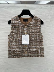 Springsummer Maillard Renk Serisi Kaba Tweed Örme Yuvarlak Boyun Yelek Kolsuz Ceket Kadın Giyim Tankı Top 240430