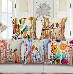 Aquarellvögel Kissenbedeckung Land Ölmalerei Couch Lounge Wurfkissen Hülle dekorative farbenfrohe Almofada Leinen Cojines1324260