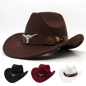 Chapéu preto de cowboy ocidental com decoração de touros clássico de jazz amplo imitação de lã para mulheres chapéus com chapéu de cavaleiro de vaca 240425