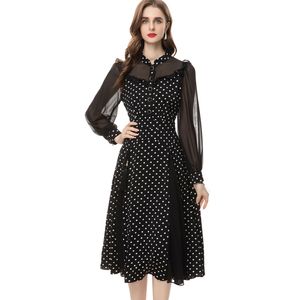 Women's Runway Dresses Stand Collar Long Sleeves Dots Printed Patchwork Fashion Casual Vestidos