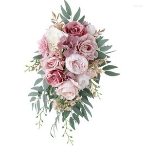 Dekorativa blommor bröllop buketter för brud kaskad konstgjord rose bruddroppe