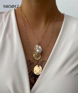Colares pendentes ingesightz punk imitação de várias camadas de pérola colar colar de colar de ouro moeda esculpida para jóias femininas15621565