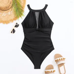 Frauen Badebekleidung 2024 Solid schwarz ein Stück Bikini sexy Mesh Patchwork hoher Taille Badeanzug Halfter Rückenloser Falten Badeanzug