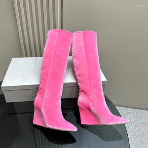 Stövlar rosa högklackade kilar knäspetsade tå sexig lång riddare för kvinnor höst vinter glid på höjd ökar skor
