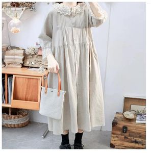 Casual Dresses 118cm Bust Spring Autumn 2024 Women Sweet Mori Kei Girl Fashion Loose Plus Size Comfortable Linen