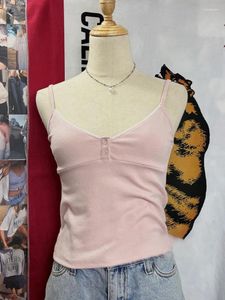 Serbatoi da donna Sweet Cute Pink Bottons Tops da donna Frignitura in pizzo Sinselette di cotone Summer Camis Vesti vintage Solido semplice Crop Top Y2K