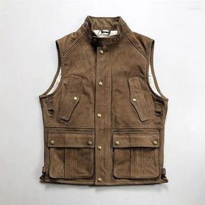 Mäns västar 2024 Style Hunting Suit Real Leather Stand Collar Moto Multi Pocket Tjock Cowhide Sleeweless Jackets Waistcoat