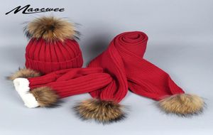 Luvas de lenço de malha Luvas definidas no inverno crochê e lenços com gorro de pom de pele real para mulher9204478