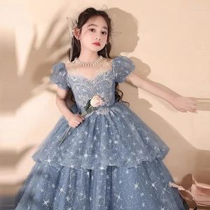 Flickaklänningar Flower 2024 Spring Bubble Sleeve Birthday Party Princess Piano Performance Dress