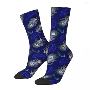 Women Socks Blue Peacock Feather Stockings Animal Print Custom Casual Autumn Anti-Slip Couple Outdoor Sports Warm Soft