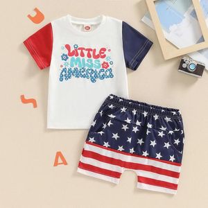 Kleidung Sets Baby Girls 4. Juli Outfit Brief Print Kurzarm T-Shirt und elastische Star-Streifen-Shorts Set süße Sommerkleidung