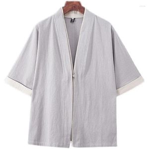 Mäns avslappnade skjortor Summer Chinese Style Quarter Sleeved Ethnic Cotton and Linen Japanese Löst montering Hanfu Cardigan Top